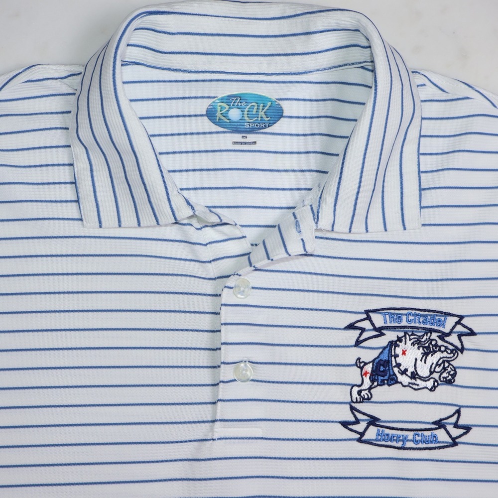 The Rock Sport Mens XXL The Citadel Horry Club Polo Shirt White Blue Striped